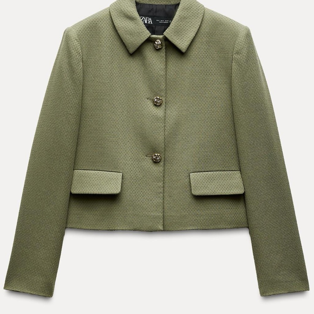 NWT XS run big Khaki Green Women Cotton Zara PIQUÉ BLAZER Gold Button lapel coat